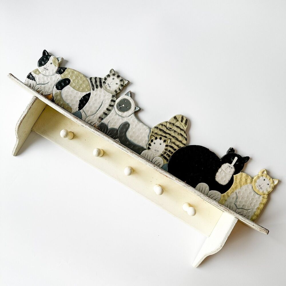 Vintage Wood Cat Shelf Rack Coat Leash Jewelry Folk Art Farm Country Cottagecore
